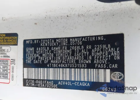 2007 Toyota Camry Xle z USA, uszkodzony, nr VIN 4T1BE46K97U531593